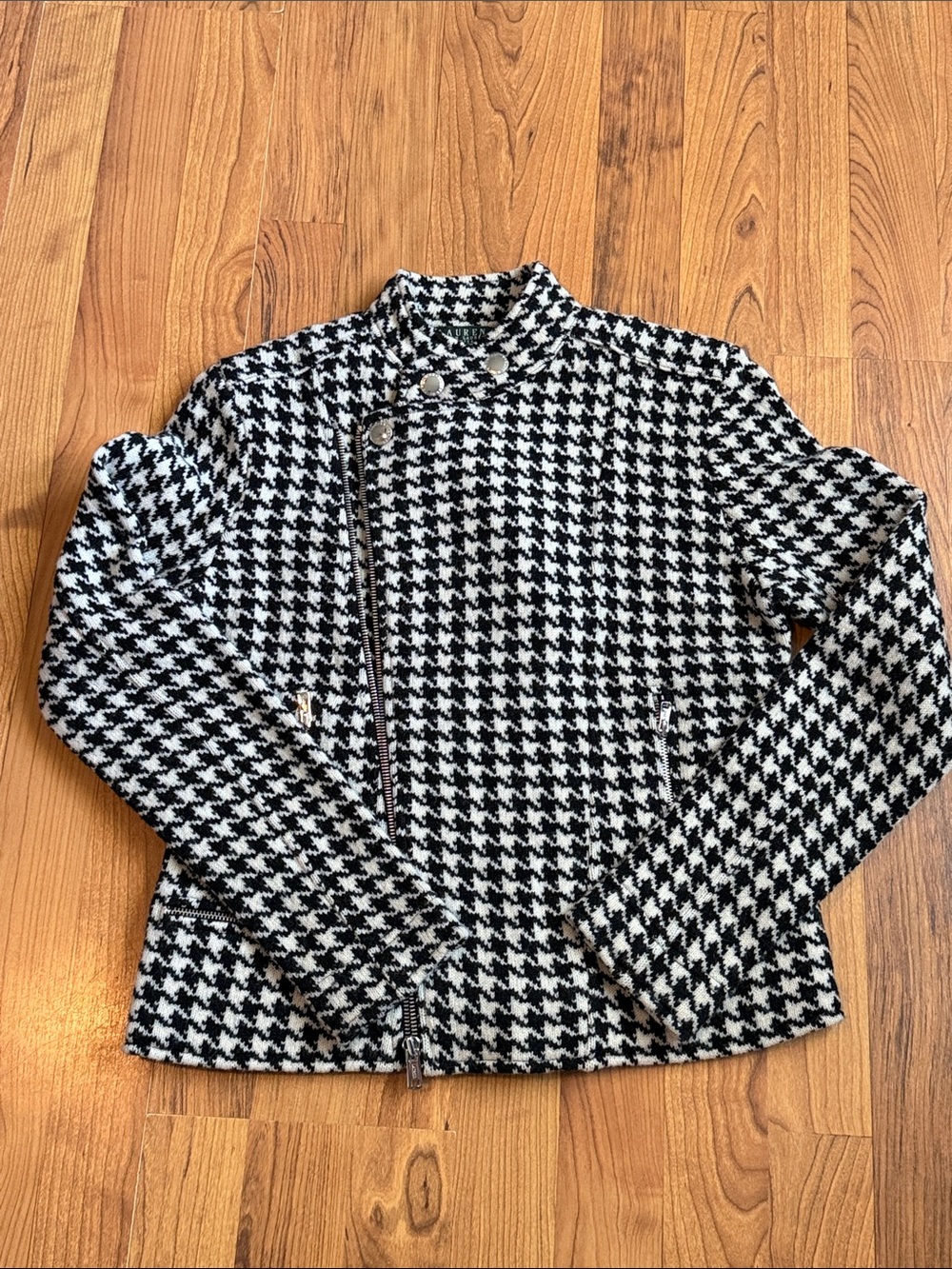 Lauren Ralph Lauren Black and White Houndstooth Moto Jacket